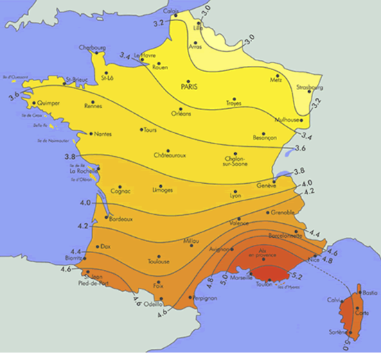 La carte de l'ensoleillement en France.